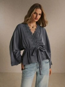Poéselle Women's Sweet Lace Patchwork Top For Vacation And Travel,Fall Winter 2026 - Dark Grey - View 4