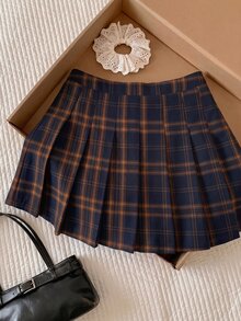 Comfortcana 海軍藍大尺碼復古學院風格紋百褶裙 - 藏蓝色 - 查看 4