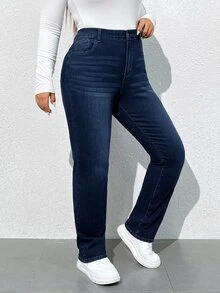 SHEIN ICON 大尺碼女款高腰緊身牛仔褲，適合約會、度假、派對、日常穿著、聚會、戶外活動 - 深色水洗藍 - 查看 3