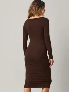 SHEIN BASICS 純色貼身中長洋裝，商務休閒女款／優雅夏季女裝套裝 - 咖啡 - 查看 2
