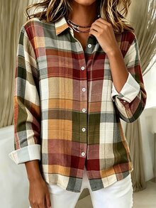 SHEIN Plus Size Women's Colorblock Plaid Fashion Casual Long Sleeve Shirt - Multicolor - View 3