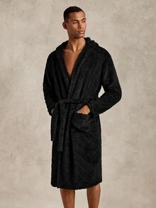 EverLounge Autumn/Winter Men's Minimalist Basic British Style Black Double-Sided Fleece Embossed Fabric Hooded Loungewear Robe - Black - View 6