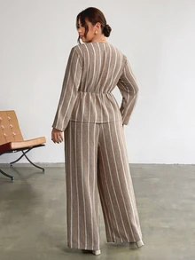 Firerie Plus Size Slimming Ruched Khaki Striped Round Neck Long Sleeve Set/Elastic Waistband/Casual Everyday Matching Set Fall - Khaki - View 2