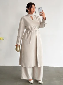 Firerie Apricot Extra Long Sleeve Small Stand Collar Top Straight Leg High Slit Waist Tie & Straight Leg Pants Plus Size Two Pieces Set/Elegant Teacher Workwe - Apricot - View 7