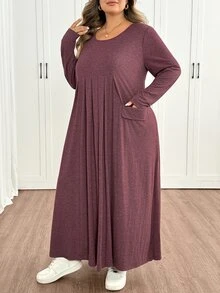 SHEIN CURVE+ Plus Size Women's Autumn/Winter Casual Loose Long Sleeve Comfortable Dress With Pockets Fall - Dusty Pink - View 3