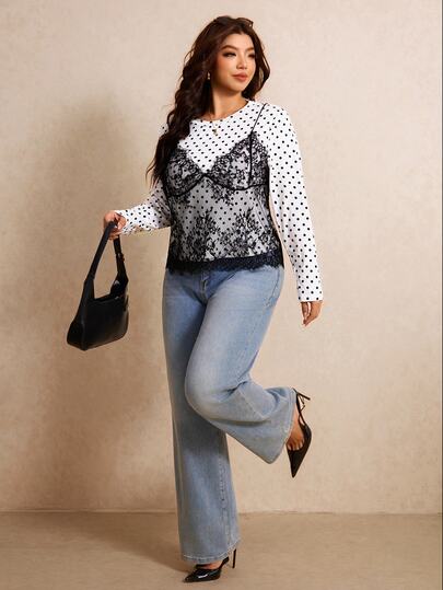 Elaquor Plus Size Sheer Lace Bustier Cami Top & Polka Dot Print Long Sleeve Tee Fall Casual Elegant Polka Dot Lace Set For Women Fall/Winter Casual Work Sets