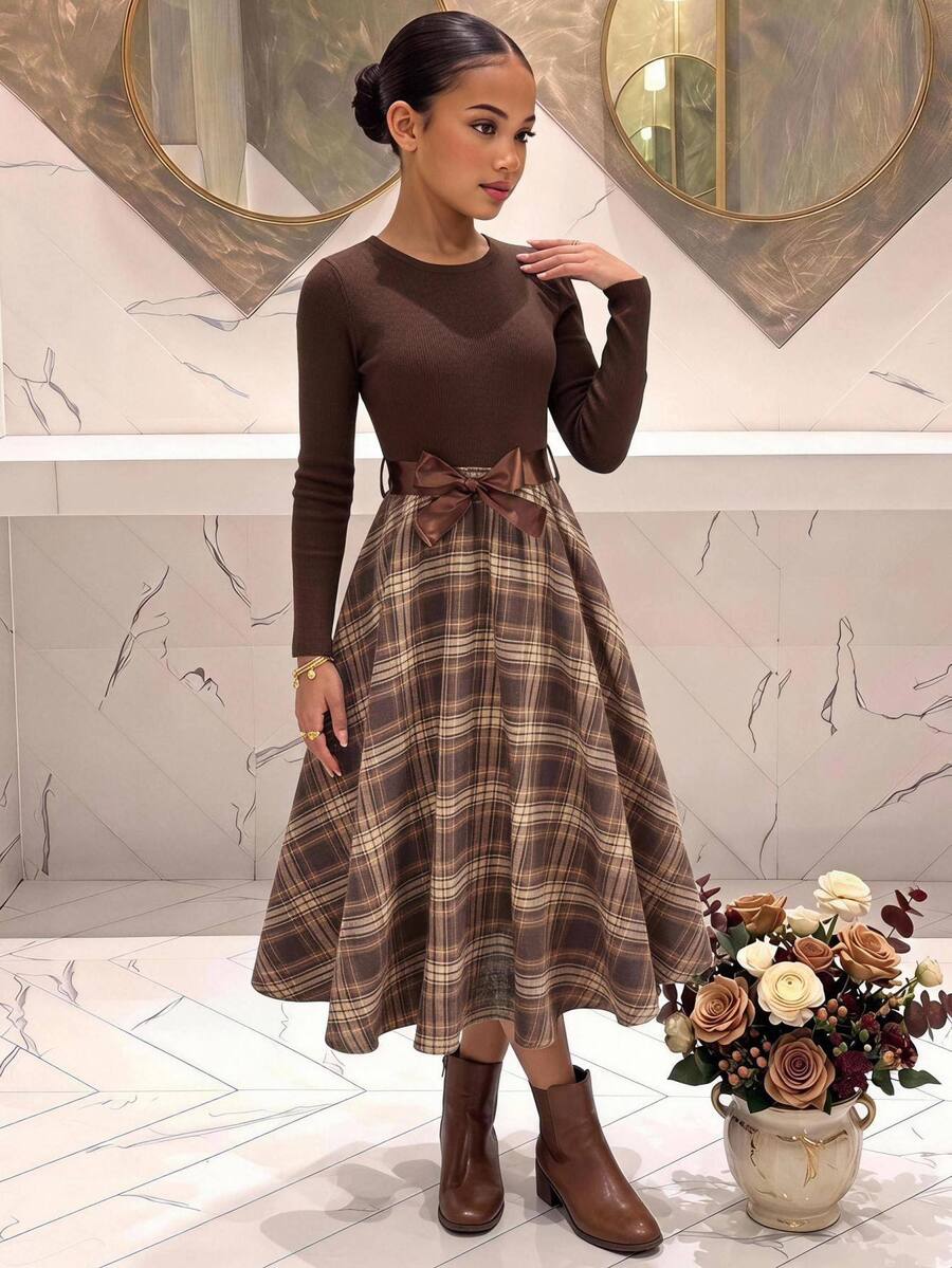 SHEIN Pitira Tween Girl Casual Knitted Solid Color & Floral Patchwork Round Neck Long Sleeve Dress - Brown - View 1