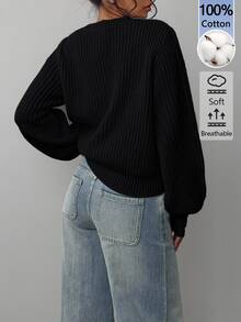 SHEIN BASICS Women's Solid Color Round Neck Long Sleeve Casual Versatile Sweater - Black - View 2