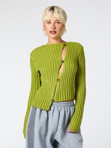 COUREZ Asymmetric  Front Rib Knit Top / Y2K Clothes Cute Tops For Women Autumn Winter Clothes For Women Fall Clothes For Women Sweater Streetwear Long Sleeve - Green - View 1