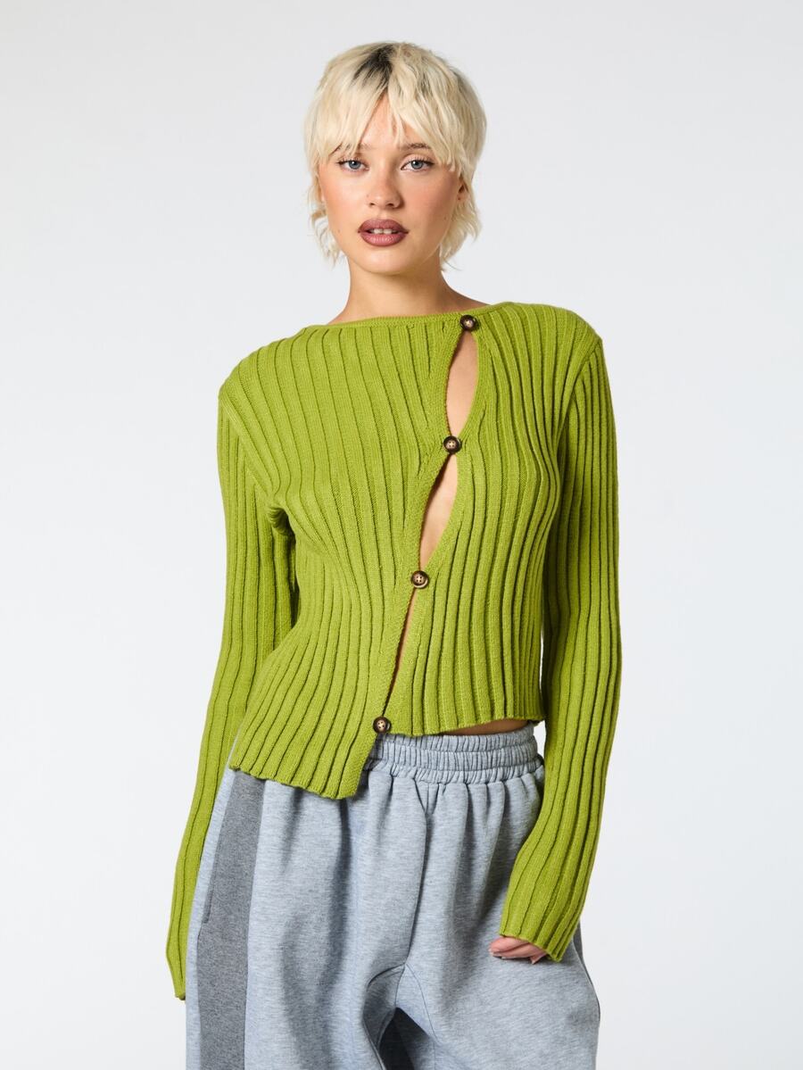 COUREZ Asymmetric Front Rib Knit Top / Y2K Clothes Cute Tops For Women Autumn Winter Clothes For Women Fall Clothes For Women Sweater Streetwear Long Sleeve - Green - View 1