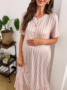 Moonlight&Mama Women's Casual Pink & White Striped Button Front Crew Neck Pullover Maternity Long Nightgown - Multicolor - View 4
