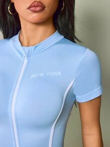SHEIN Dewbera Jumpsuit Pendek Lengan Pendek Bergaris dengan Resleting untuk Wanita, Model Kasual - Biru Langit - View 4