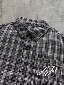 AXEPEAK Men's Plaid Single-Breasted Embroidered Vintage Shirt - Black - View 5