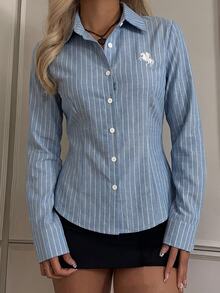 SHEIN EZwear 女款藍白條紋長袖修身顯瘦優雅時尚白色刺繡馬頭通勤商務襯衫 - 藍白色 - 查看 7