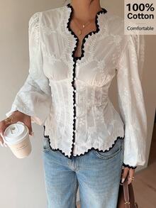 Siren Gaze Women's Embroidered Openwork Top, V-Neck With Lace Trim, Long Puff Sleeves, Front Tie Waist, Short Shirt, Available In White, Cream, And Ivory. French Romantic Style, Sweet And Fashionable, Suitable For Casual Dates, Summer, Spring, And Autumn. - White - View 10