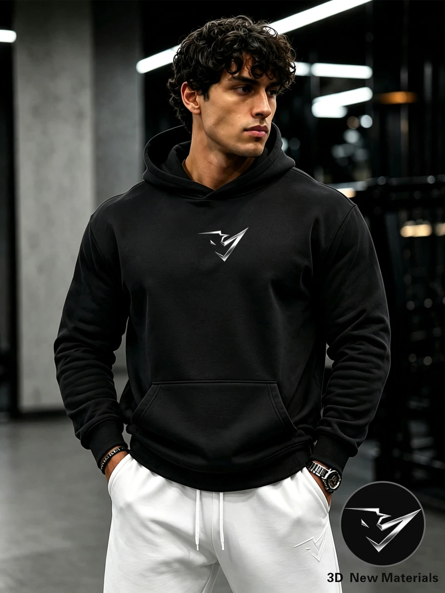 GymBeat Sweatshirt Olahraga Pria Berkerudung dengan Saku dan Motif Cetak - Hitam - View 1