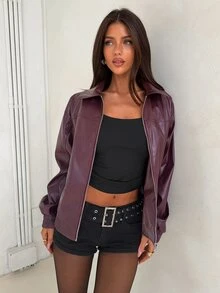 Aloruh Women's Deep Purple Leather Minimalist Jacket, Early Autumn Outfit - Purple - View 6