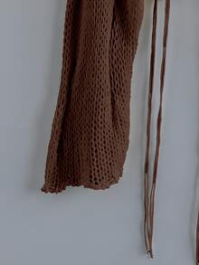 Sunspun Plus Size Women Solid Color Pure Desire Style Distressed Y2K Cropped Tassel Chunky Crochet Pattern Knit Sweater Pullover, Suitable For Spring Summer Autumn Outfits, Matching, Distressed Sweater - Coffee Brown - View 5