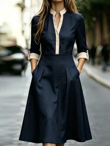 RosyDaze Women's Elegant Mid-Length Dress With Turned-Up Sleeves, Stand Collar, Button Closure And Contrast Color - Navy Blue - View 1