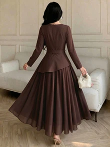 Celisse New Chinese Style Stand Collar Frog Button Flared Long Sleeve, Waist-Cinched Draped Full Skirt Maxi Cheongsam Dress - Dark Brown - View 3