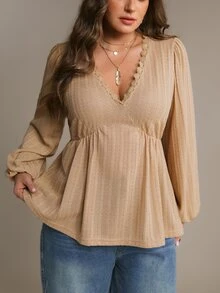 Freevana Plus Size Women's Bohemian Romantic Long Sleeve T-Shirt - Apricot - View 5