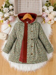 Souflis Souflis 女童冬季灰色綠色碎花印花保暖內裡連帽雙排扣時尚長袖外套，適合日常休閒可愛田園風穿搭 - 綠色 - 查看 4