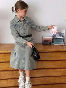 DAZY Tween Girls Denim Dress, Washed Lapel Collar, Casual Fashion, Creative Personalized Fresh Cute - Medium Wash - View 6