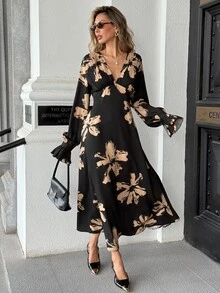 Pariaura Four-Way Stretch Printed V-Neck Ruched Front Long Sleeve Dress - Multicolor - View 1