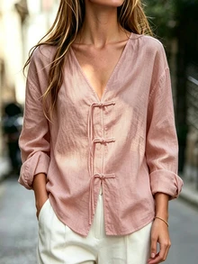 SHEIN 女款亞麻V領長袖流蘇旗袍鈕扣襯衫 - 粉色 - 查看 4