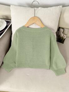 SHEIN LMoss Kids 女孩粉色針織毛衣，蝴蝶結裝飾，可愛休閒，柔軟舒適百搭，適合派對與度假場合 - 綠色 - 查看 5