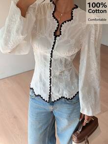 Siren Gaze Women's Embroidered Openwork Top, V-Neck With Lace Trim, Long Puff Sleeves, Front Tie Waist, Short Shirt, Available In White, Cream, And Ivory. French Romantic Style, Sweet And Fashionable, Suitable For Casual Dates, Summer, Spring, And Autumn. - White - View 5