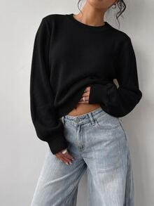 SHEIN BASICS 女款素色圓領長袖休閒百搭針織衫 - 黑色 - 查看 5