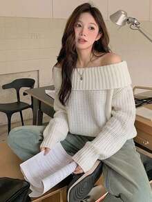 DAZY Women's Cold Shoulder Long Sleeve Solid Color Sweater - White - View 2
