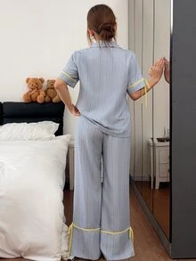 Napfluff 條紋印花休閒居家服撞色翻領短袖女款睡衣長褲套裝 - 灰色 - 查看 2