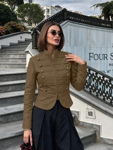 Lavishia 女款淺卡其色修身拉鍊前開拿破崙/軍裝風夾克，夏季穿搭，戶外穿著，鄉村音樂演唱會服飾，夏季上衣 - 咖啡棕 - 查看 2