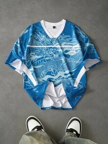 Men's Dragon Pattern & Auspicious Cloud All-Over Print Mesh V-Neck Short Sleeve Jersey, Colorblock Patchwork Sports T-Shirt - Blue - View 1