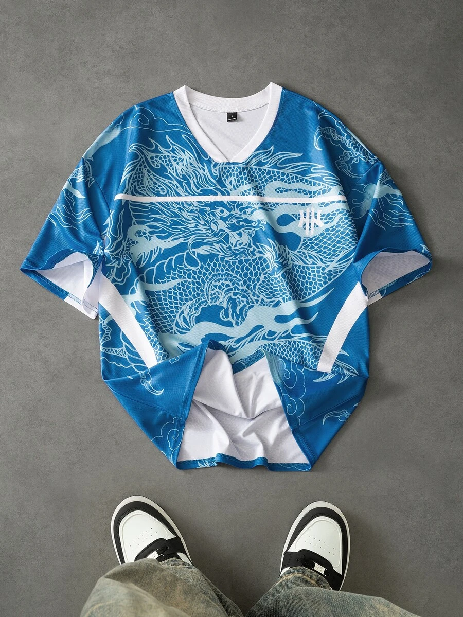 Men's Dragon Pattern & Auspicious Cloud All-Over Print Mesh V-Neck Short Sleeve Jersey, Colorblock Patchwork Sports T-Shirt - Blue - View 1