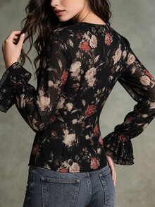 Glimmora Women's Spring Autumn New French Romantic Chiffon Floral Print Ruffle Deep V-Neck Long Sleeve Semi-Sheer Blouse With Full Button Front Placket - Black - View 2