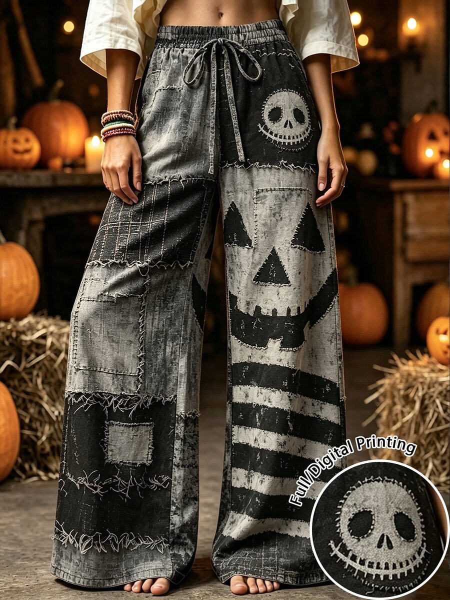 Selamara Women's Casual Retro Halloween Pumpkin Ghost Face Print Wide Leg Pants, Suitable For Daily - Multicolor - View 1