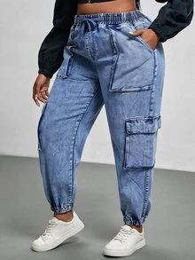 Slaydiva Plus Size Drawstring Tie Elastic Waist Pocket Denim Jeans Women's Jeans - Light Wash - View 1