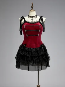 ROMWE Summer Gothic Vintage Court Style Contrast Color Lace Trim Cross Pendant Plus Size Women's Tank Tie Strap Dress - Burgundy - View 1