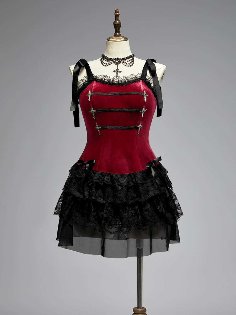 ROMWE Summer Gothic Vintage Court Style Contrast Color Lace Trim Cross Pendant Plus Size Women's Tank Tie Strap Dress - Burgundy - View 1
