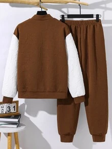 SHEIN 2件組青少年男孩半拉鍊連帽外套與慢跑長褲套裝，黑色，圖案設計，加厚抓絨運動服，秋季 - 彩色 - 查看 2