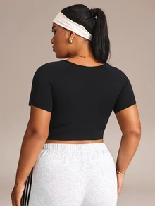 Rhythm Era Kaos Lengan Pendek Wanita Ukuran Besar Warna Polos Kasual untuk Sehari-hari, Bepergian, dan Olahraga - Hitam - View 2