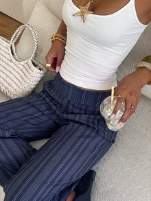 Aloruh Women's Waist Button Design Striped Wide Leg Loose Long Pants - Navy Blue - View 1