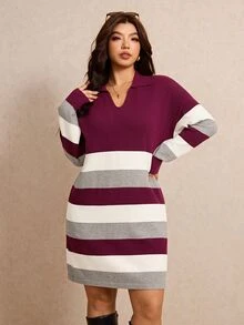 Elaquor Plus Size Women's Collared Striped Casual Knit Dress - Multicolor - View 1