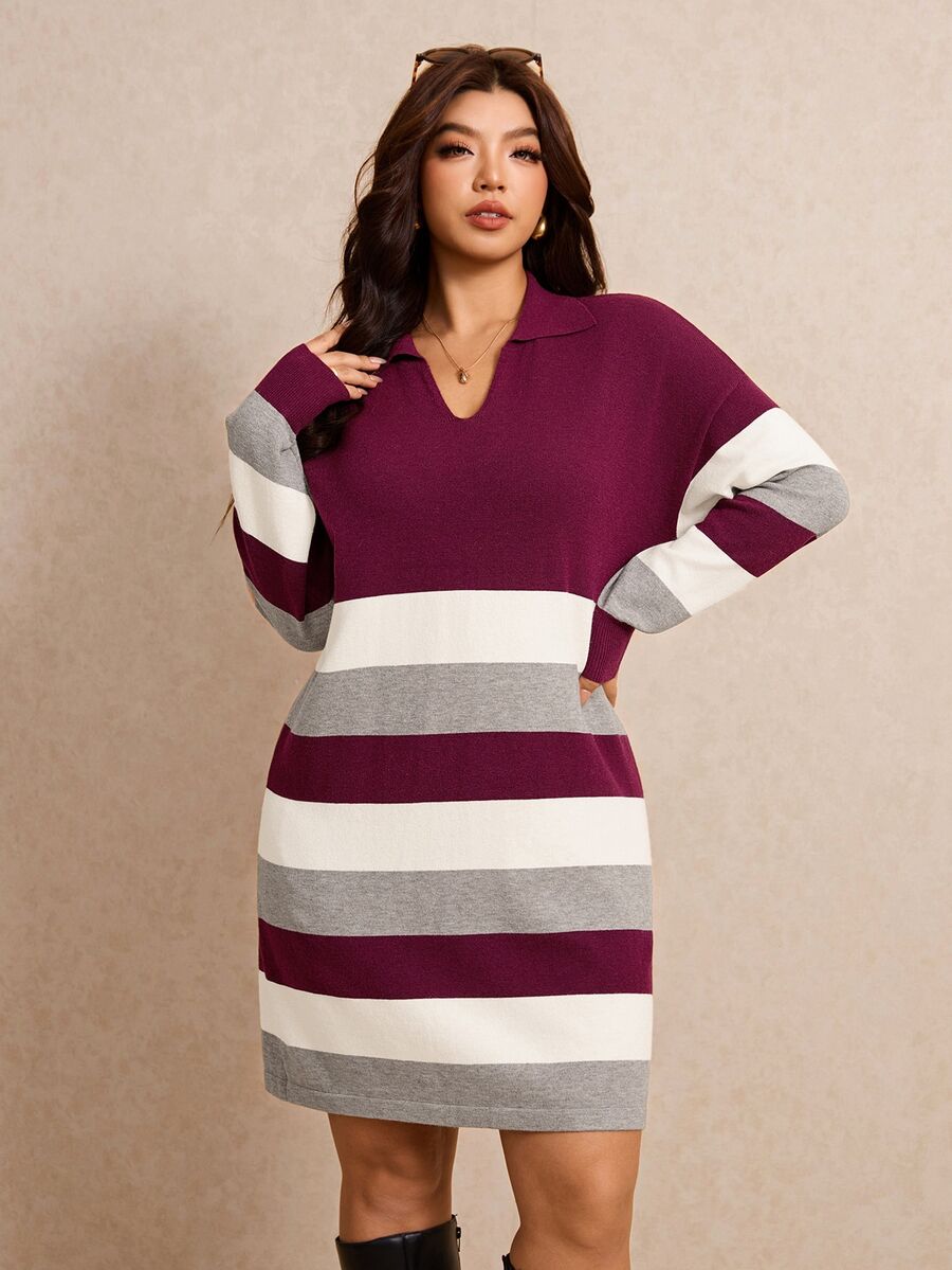 Elaquor Plus Size Women's Collared Striped Casual Knit Dress - Multicolor - View 1