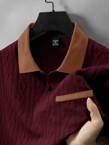 EGENSIO Men's Knitted Jacquard Solid Color Textured Apricot & Deep Brown Ribbed Collar & Cuffs Two White Buttons Polo Shirt - Burgundy - View 7