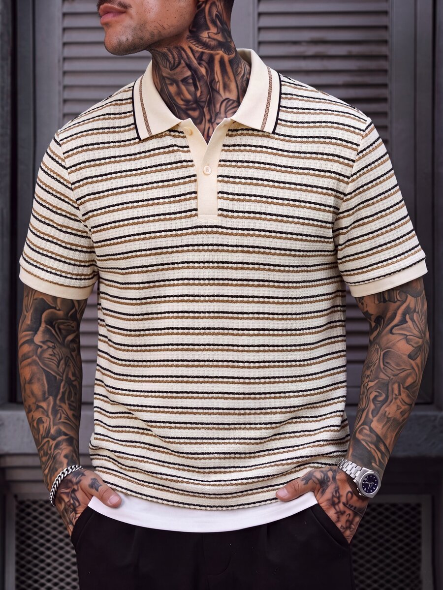 EGENSIO Cream Apricot & Coffee Striped Textured Polo Shirt, Exquisite Collar Design, Men's Summer Short Sleeve - Multicolor - View 1