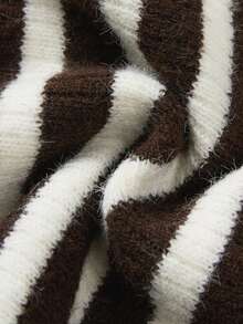 SHEIN Franclia All Casual Striped Knit Pants, Women Drawstring High Waist Flare Leg Trousers - Chocolate Brown - View 3